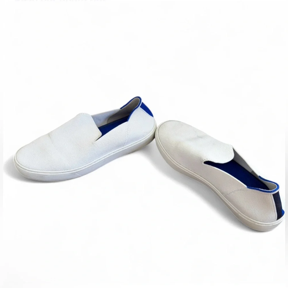 Rothy’s The Original Slip On Sneaker W8 Bright White Blue Stripe Comfort Shoes